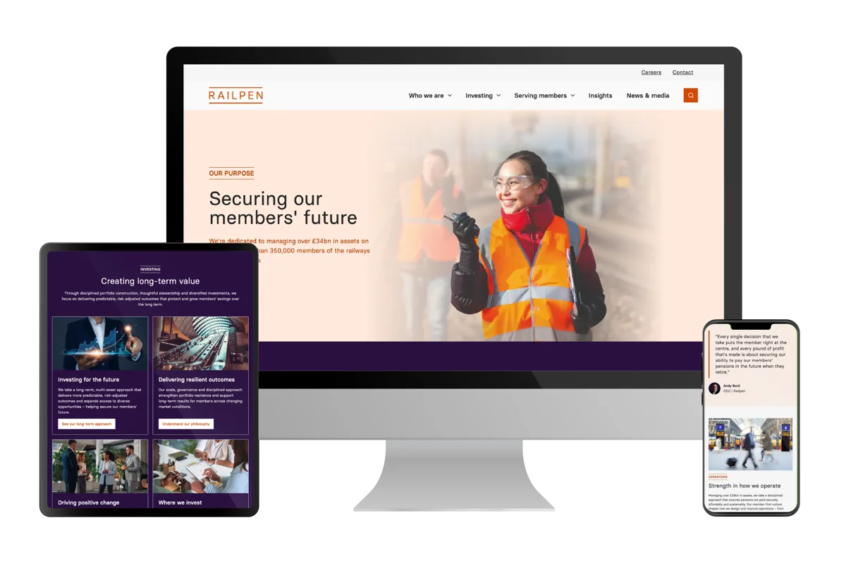 Railpen member website shown on desktop and tablet screens